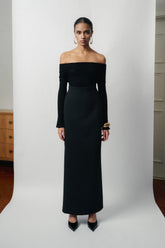 Off-Shoulder Fitted Long-Sleeve Top with Elegant Folded Neckline and Sculpted Fit